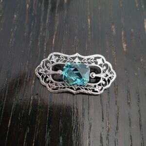 Vintage Silver Brooch with Blue Gem